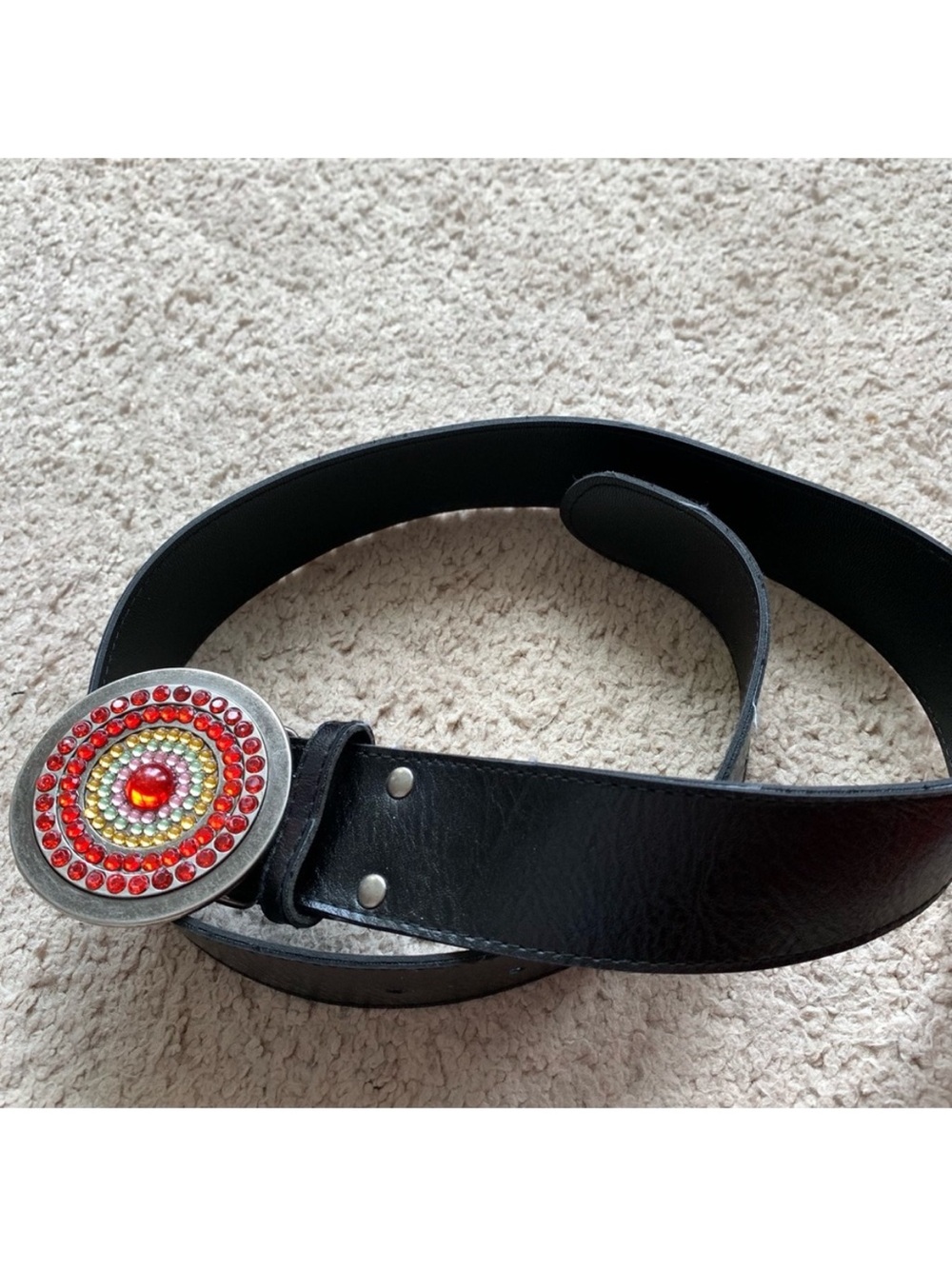 Black Faux Leather Belt with Round Silver Buckle